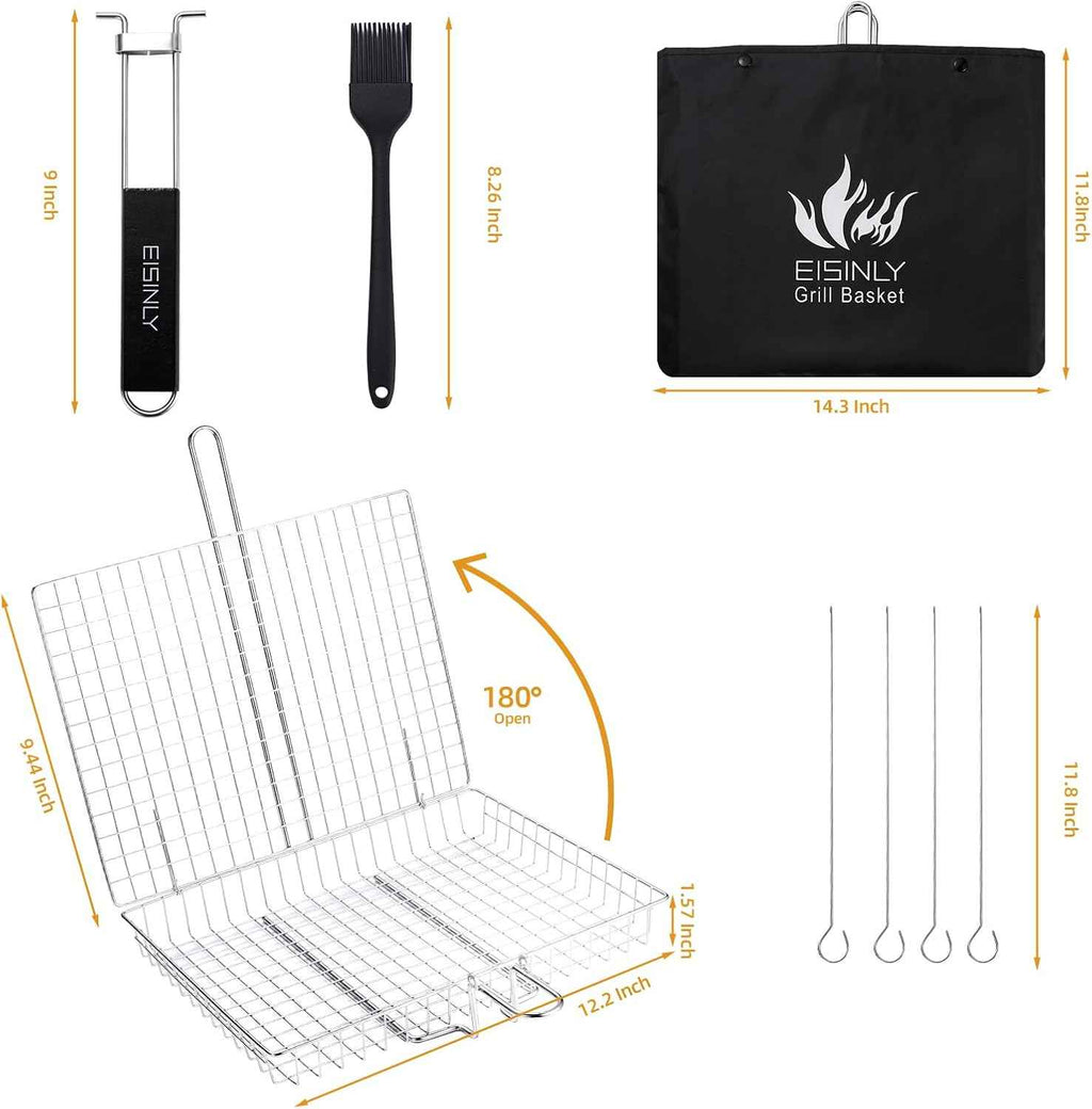 Eisinly BBQ Grilling Basket for Outdoor Grill with Removable Handle | Portable Grill Basket, Stainless Steel Camping Cooking Grill Accessories for Chicken Fish Vegetable, Easy to Clean