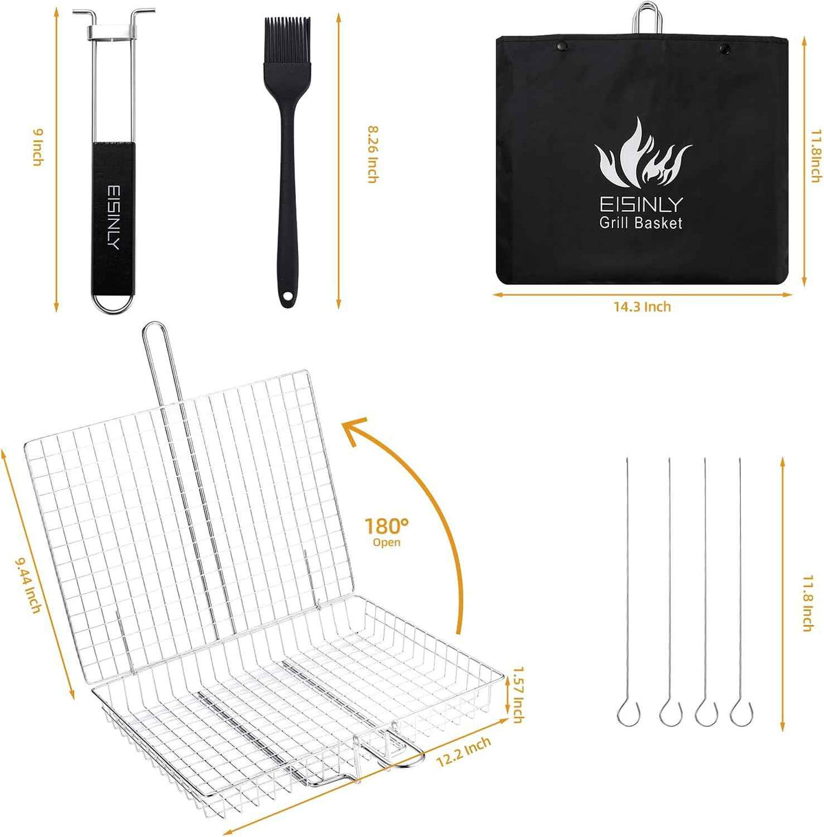 Eisinly BBQ Grilling Basket for Outdoor Grill with Removable Handle | Portable Grill Basket, Stainless Steel Camping Cooking Grill Accessories for Chicken Fish Vegetable, Easy to Clean