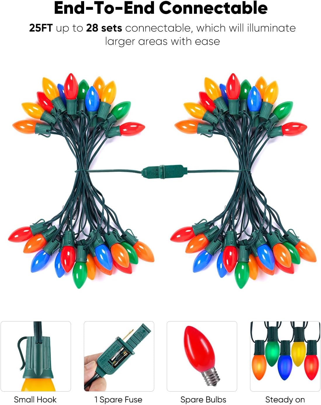 Vintage C9 LED Christmas Lights Outdoor, 25FT Multicolor Christmas String Lights with 26 Colorful Bulbs, Connectable Waterproof Lights for Christmas Tree Roofline Garden Patio Backyard Decoration