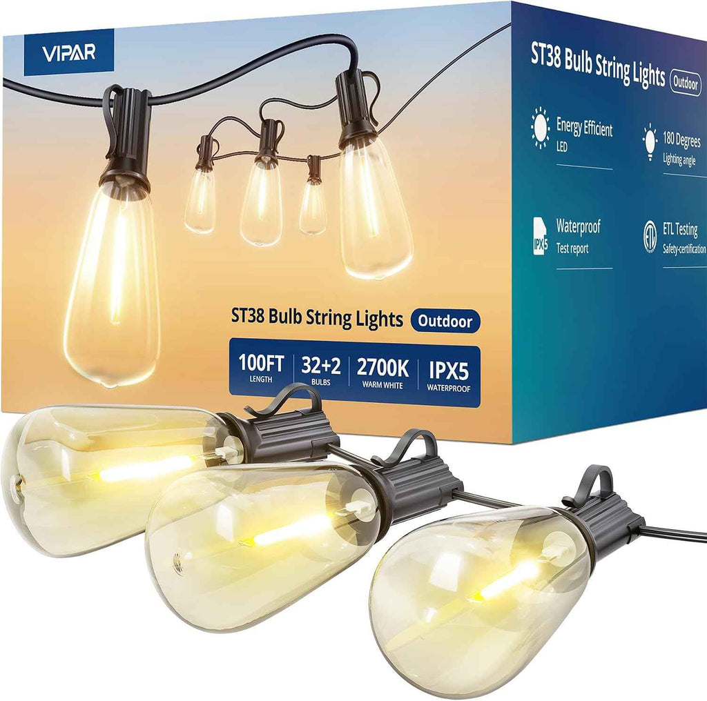VIPAR Outdoor Lights,100FT ST38 Patio String Lights Waterproof for Outside | ETL, Vintage LED Edison Bulbs,Connectable, Shatterproof,Waterproof,2700KDimmable for Backyard Porch Balcony Garden Deck Decor