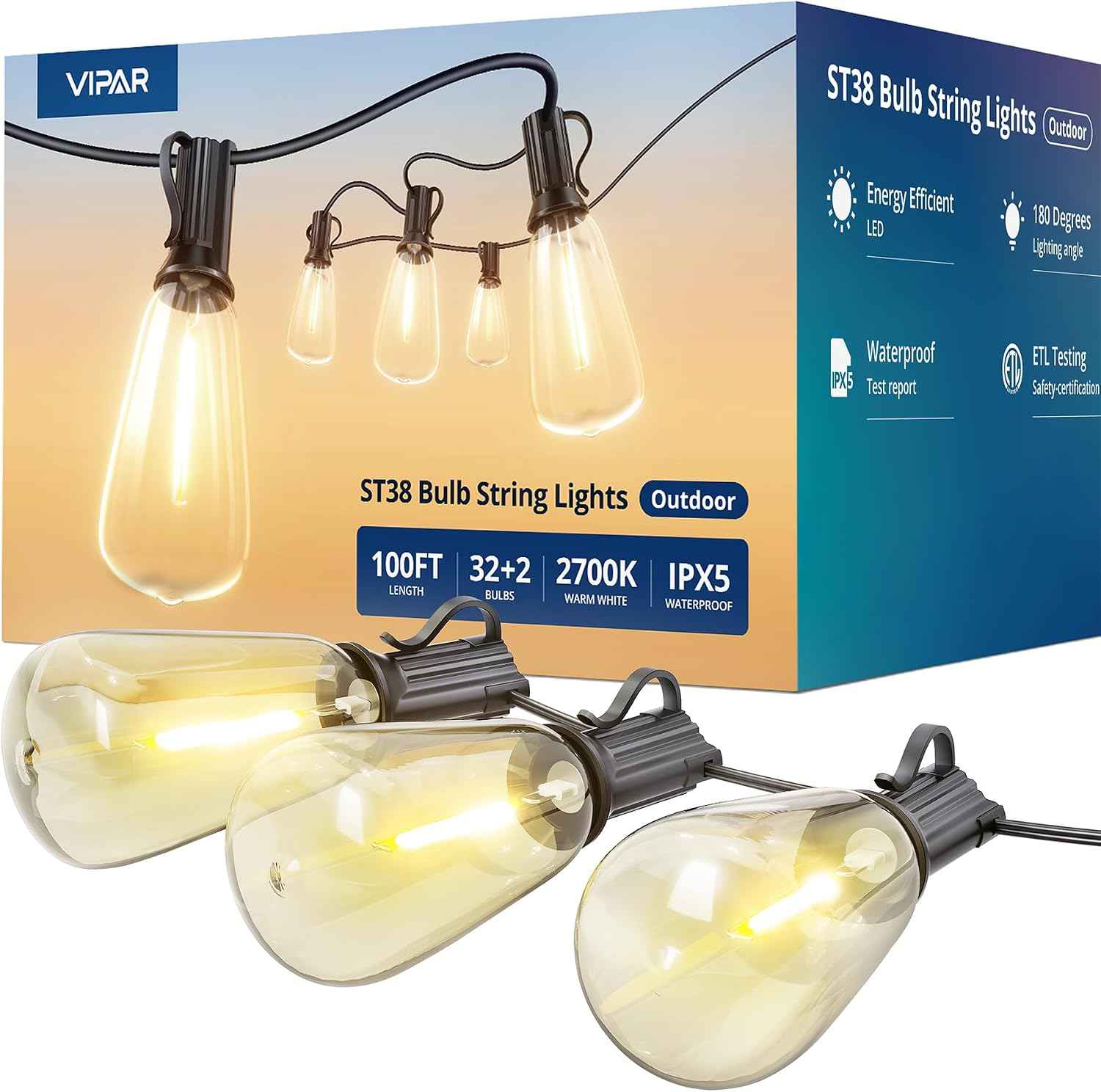 VIPAR Outdoor Lights,100FT ST38 Patio String Lights Waterproof for Outside | ETL, Vintage LED Edison Bulbs,Connectable, Shatterproof,Waterproof,2700KDimmable for Backyard Porch Balcony Garden Deck Decor