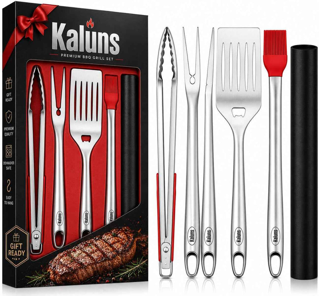 Kaluns BBQ Grilling Accessories, Grilling Gifts for Men Dad, Grill Tools for Outdoor Grill, Heavy Duty Stainless Steel Grill Set with Spatula, Tongs, Fork, Brush, & Grilling Mat, Best BBQ Gifts