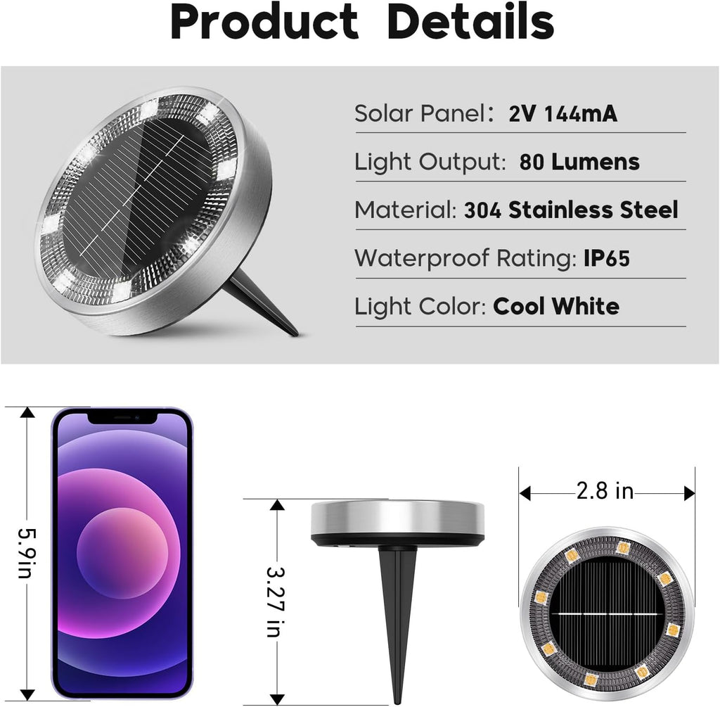 6 Pack Solar Lights Outdoor Waterproof, 8 LED Solar Ground Lights | Flat Solar Disc Light Landscape Lighting for Pathway Garden Yard Walkway Driveway Lawn, Cool White
