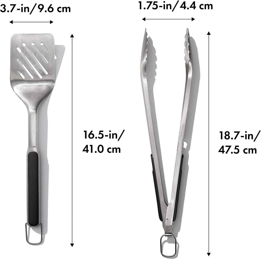 OXO Outdoor Grilling Turner and Tongs Set | Grilling Spatula and Tongs, Beveled Head Slides Under Food, Non-Slip Grip, Hanging Ring, Ideal for Grilling & BBQ