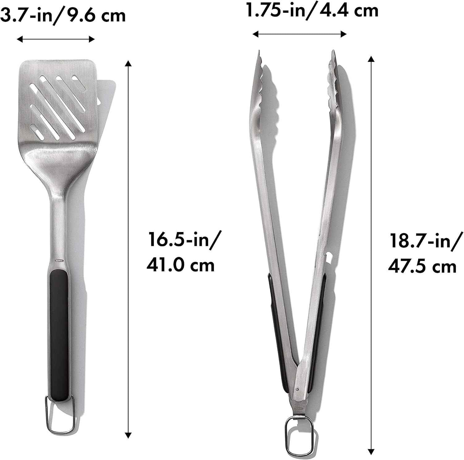 OXO Outdoor Grilling Turner and Tongs Set | Grilling Spatula and Tongs, Beveled Head Slides Under Food, Non-Slip Grip, Hanging Ring, Ideal for Grilling & BBQ
