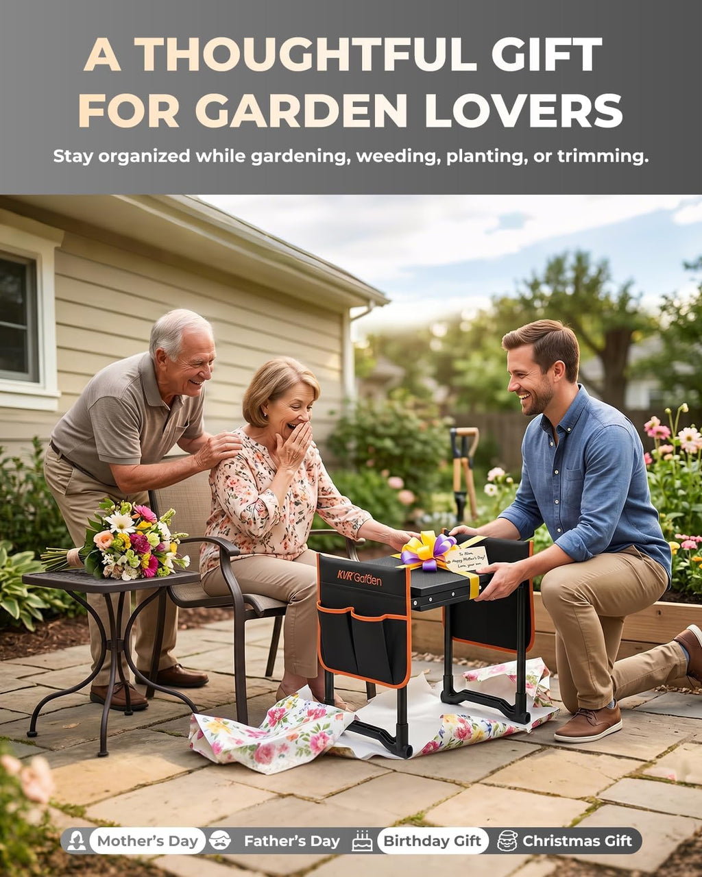 KVR Garden Kneeler and Seat with 2 Tool Pouches, Heavy Duty Foldable Gardening Stool, Portable Bench with Thick EVA Foam for Knee Support, Gifts for Seniors, Black/Orange