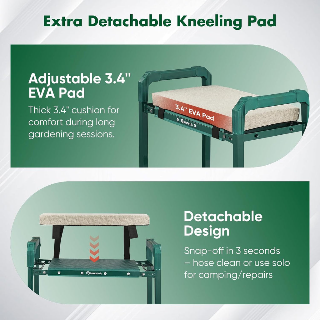 SakerPlus Garden Kneeler and Seat, Heavy Duty Foldable Garden Stool | 10-inch thickened pad, 400 lb support, extendable legs and 8-pocket tool bag for gardening, weeding and seniors