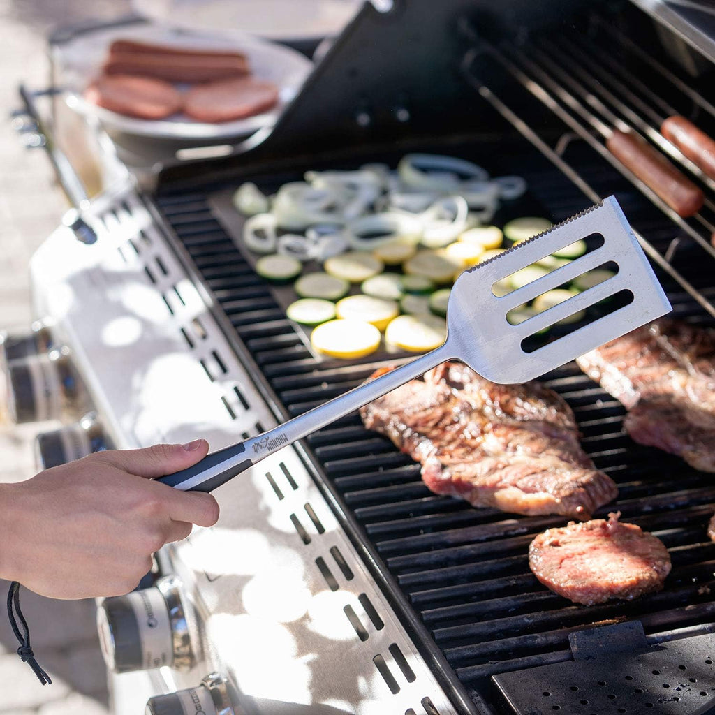 BBQ Tools | 18" Tongs & Spatula | Grill Mat | 2 Magnetic Hooks | Heavy-Duty Metal Tongs and Spatula, 2 Strong Magnetic Hooks for Grill-Side Hanging, Reusable BBQ Grill Mat