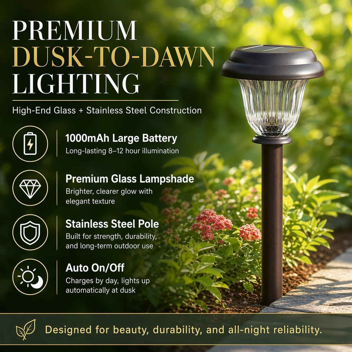DERAYSION Solar Pathway Lights Outdoor Metal Glass Solar Lights Outdoor | Waterproof Garden Lights 1000mAh Long-Lasting Dusk to Dawn Bright Outdoor Solar Lights for Yard Landscape Path Walkway