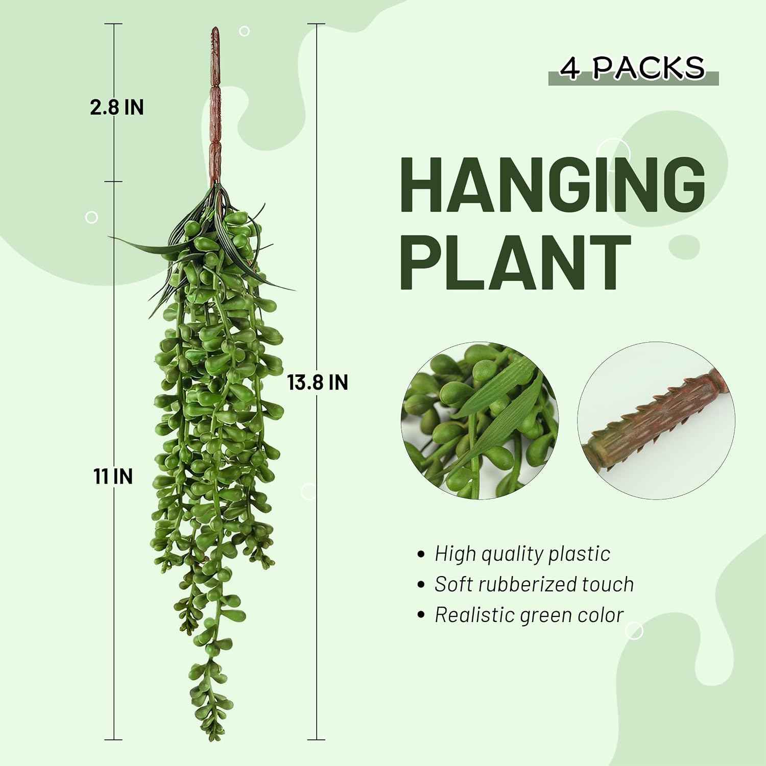 Meiliy 4pcs Artificial Succulent Plants Hanging Succulent Plants Faux Succulents Unpotted Branch String of Pearls Plant for Home Kitchen Office Wedding Garden Craft Art Indoor Decor | Soft rubber faux hanging succulents with natural tones and gentle dr...