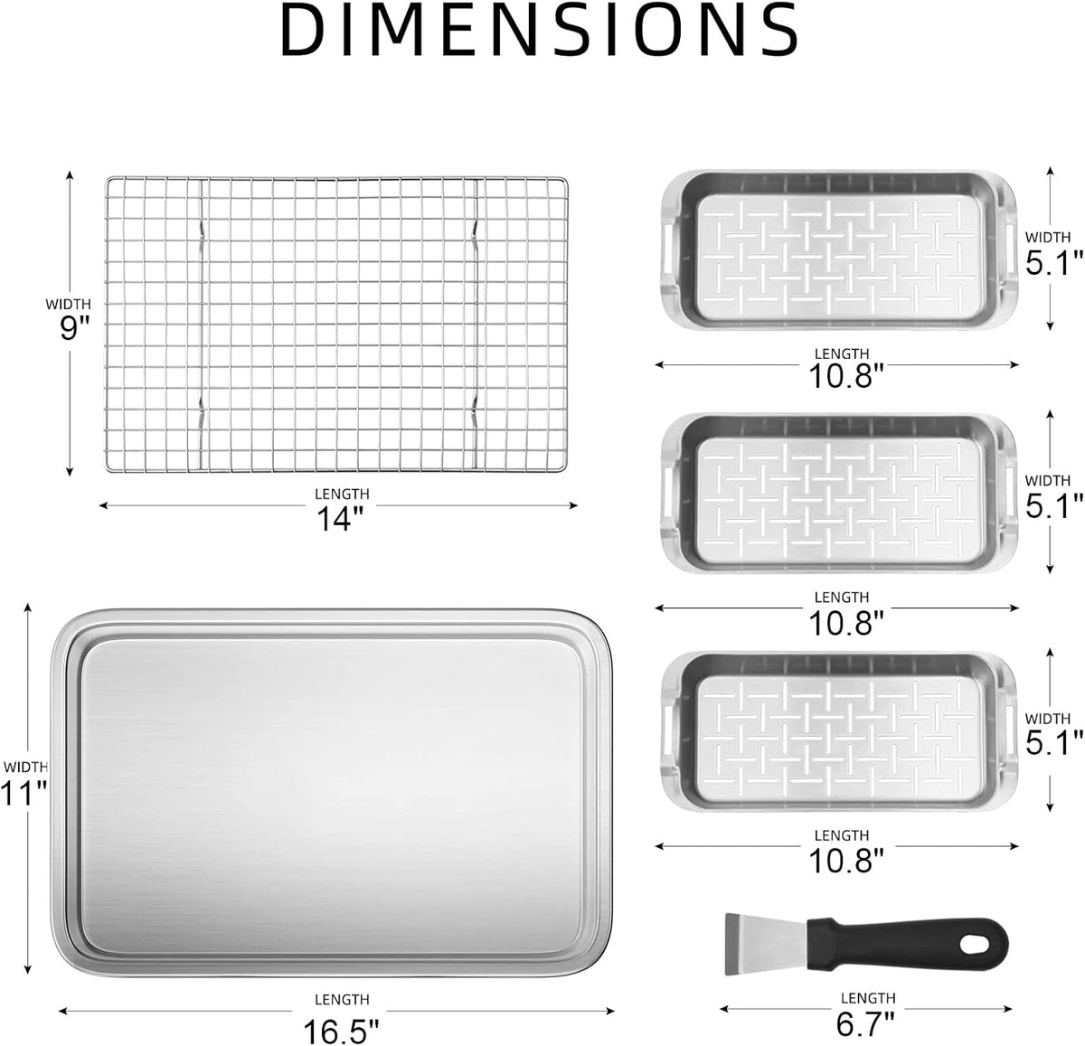 VIKEYHOME Grill Carry System, 6-Piece Stainless Steel Large Food Prep Tray, 16.5" x 11" Pan, Outdoor Grill with Cooling Rack for Vegetables, Fish, Meat, Great Grilling Gifts for Men | 16.5" x 11" Pan, Outdoor Grill with Cooling Rack for Vegetables, Fis...