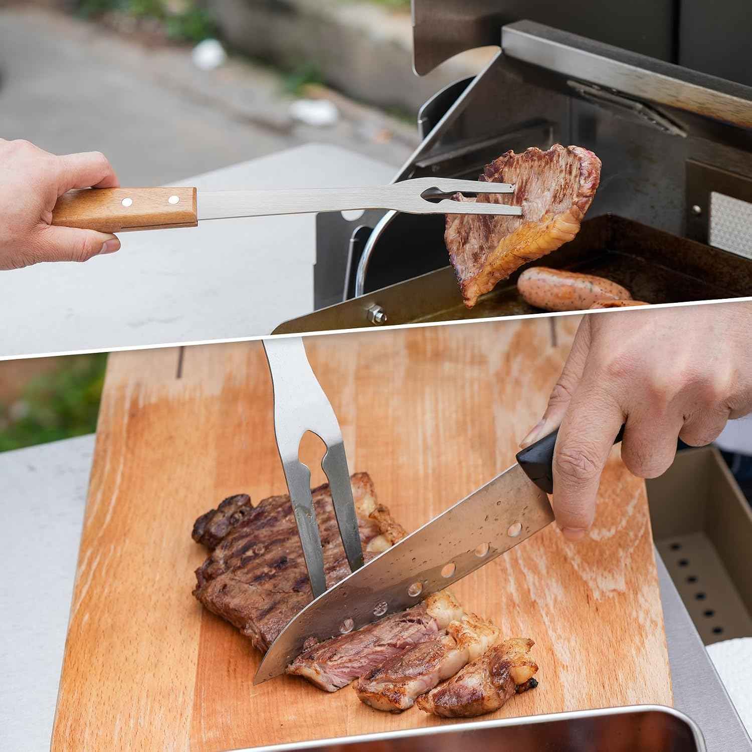 onlyfire 4PCS BBQ Tools, Stainless Steel Griddle Accessories | Grilling Utensil Set Including Grill BBQ Spatulas, Barbecue Tong, Grill Fork and BBQ Brush