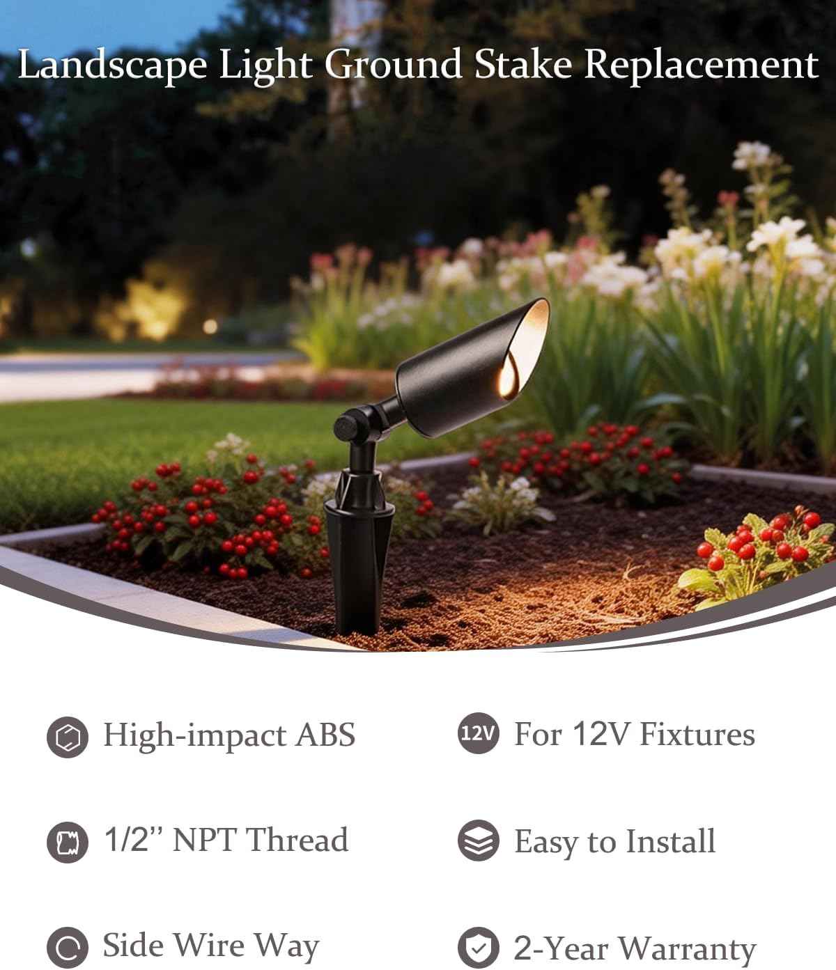 4 Pack Landscape Light Stakes, 1/2" NPT Thread ABS Ground Stakes, Outdoor Light Spikes with Side Wire Way, Garden Yard Replacement Stake for Low Voltage Spotlights Path Lights Flood Lights