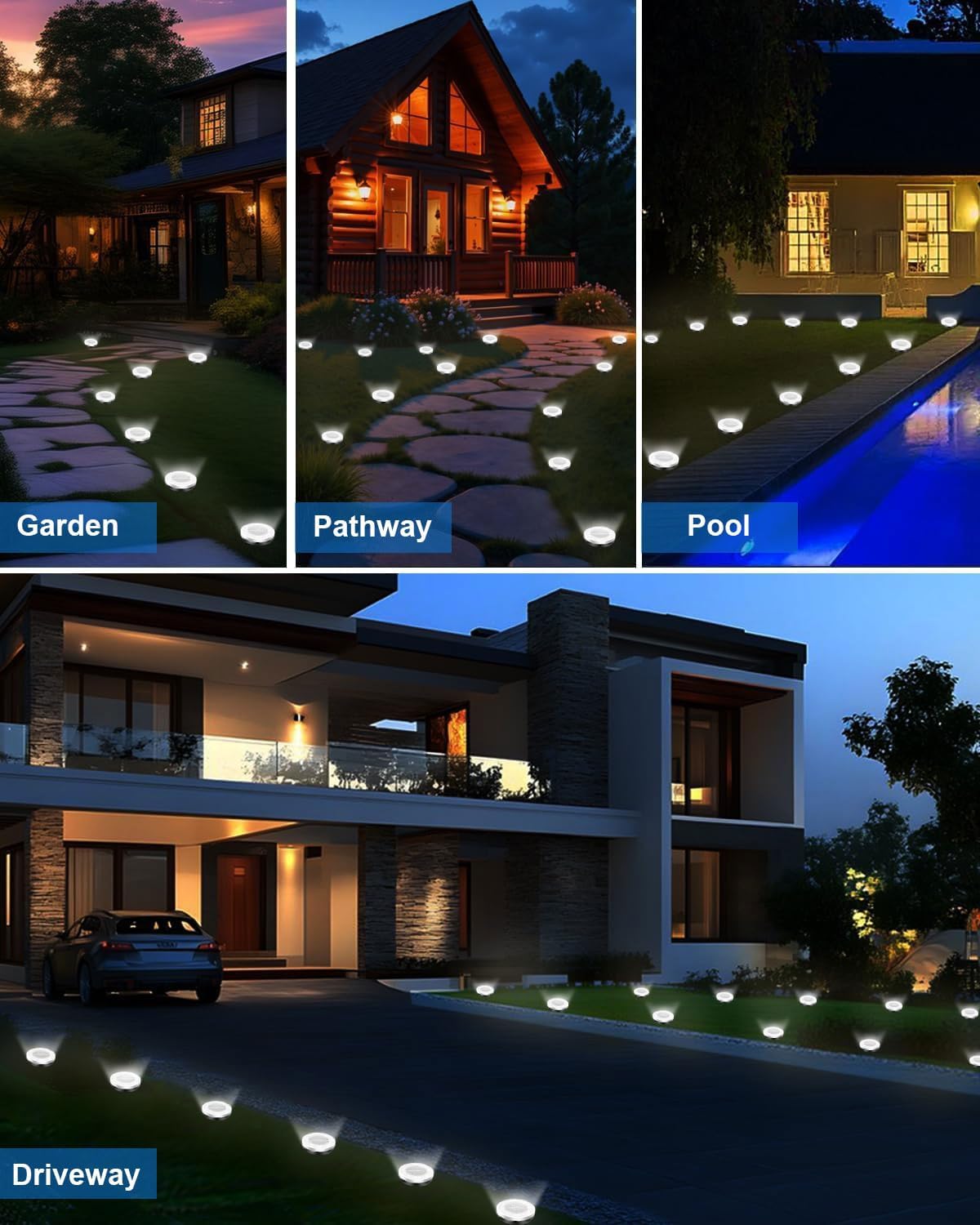 Solar Lights Outdoor Waterproof, 12 Pack 8 LED, Thickened Stainless Steel Ground Light, Solar Garden Lights Landscape Lighting for Patio Pathway Lawn Yard Deck Driveway Walkway, Cool White