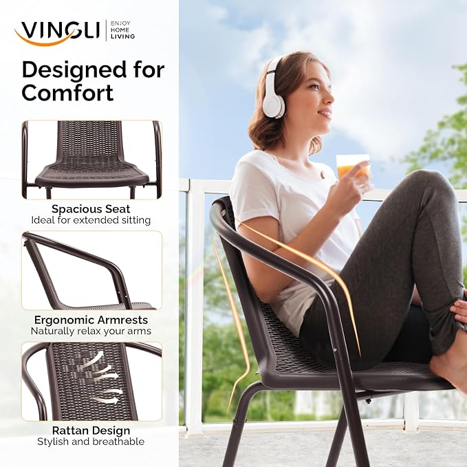 VINGLI PE Rattan Outdoor Dining Chairs Set of 2, Plastic Stackable Patio Chairs - Image 5