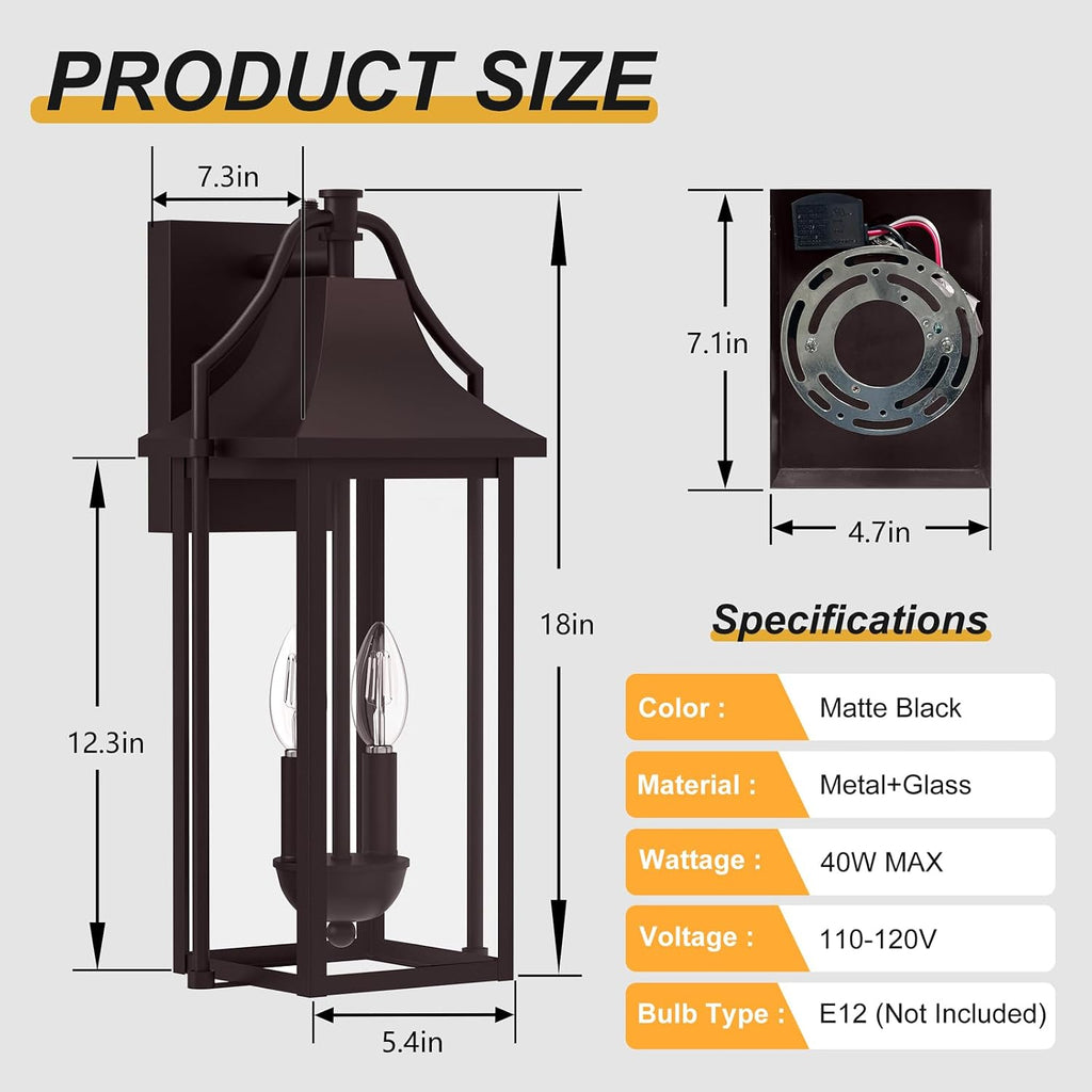 18IN Dusk to Dawn Outdoor Wall Sconce, 2-E12 Base Porch Light | Brown Waterproof Exterior Lantern, Modern Patio Light Fixture Mounted with Glass, Outside Light for House, ETL Listed