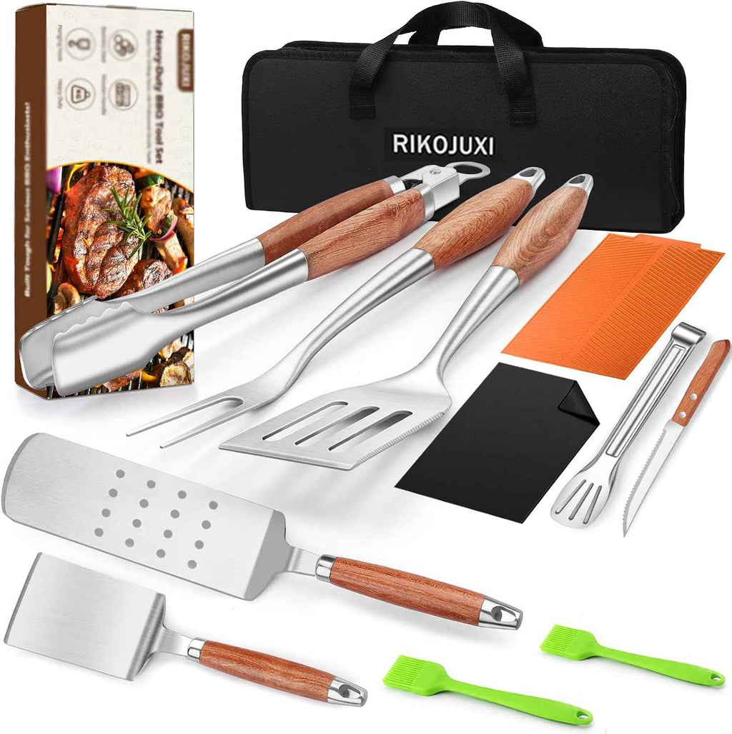RIKOJUXI Heavy Duty Stainless Steel BBQ Accessories Tools Set Grill Gift | Grilling Gifts for Men Women Father BBQ Tools Grill Accessories for Outdoor Grill with Spatula, Fork, Tongs