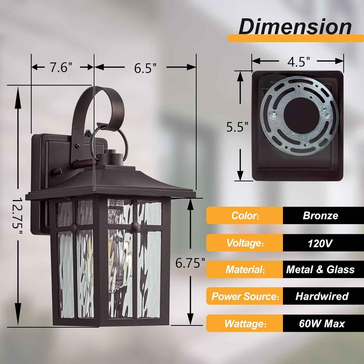 2 Pack Dusk to Dawn Outdoor Wall Lights, Brown Porch Lanterns | Aluminum Garage Light, Ripple Glass, Weather Resistant, For Garage Patio Entryway