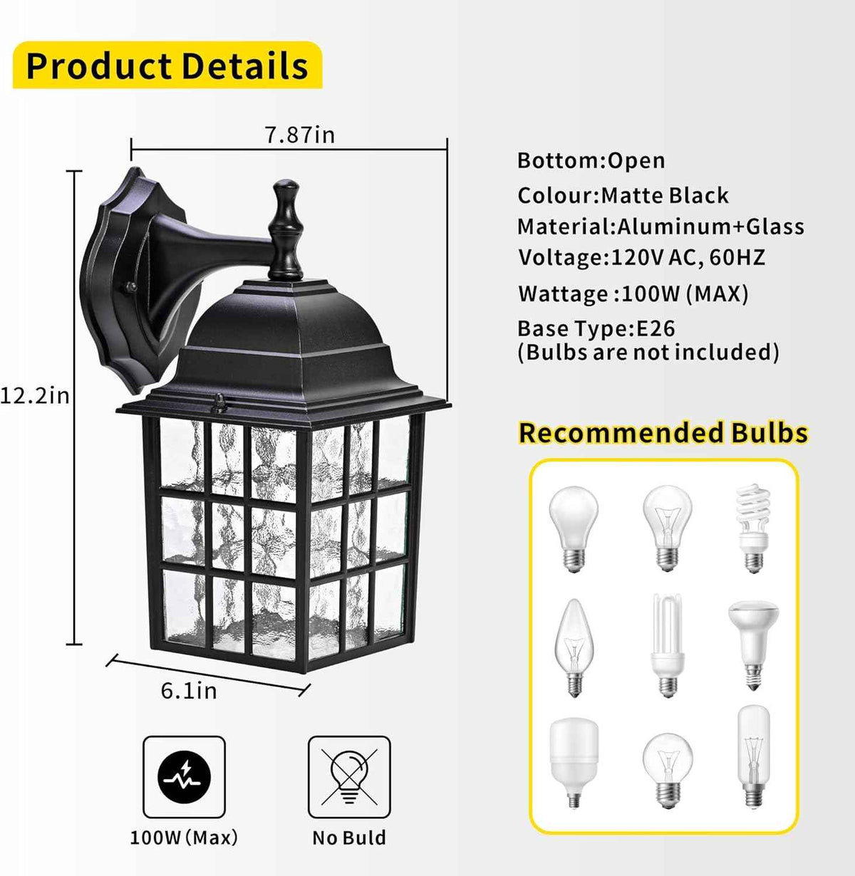 Outdoor Wall Light Fixtures Waterproof Exterior Sconce Lights Anti-Rust Exterior Lighting Fixtures Black Outdoor Wall Lantern for Porch Patio Front Door Garage House