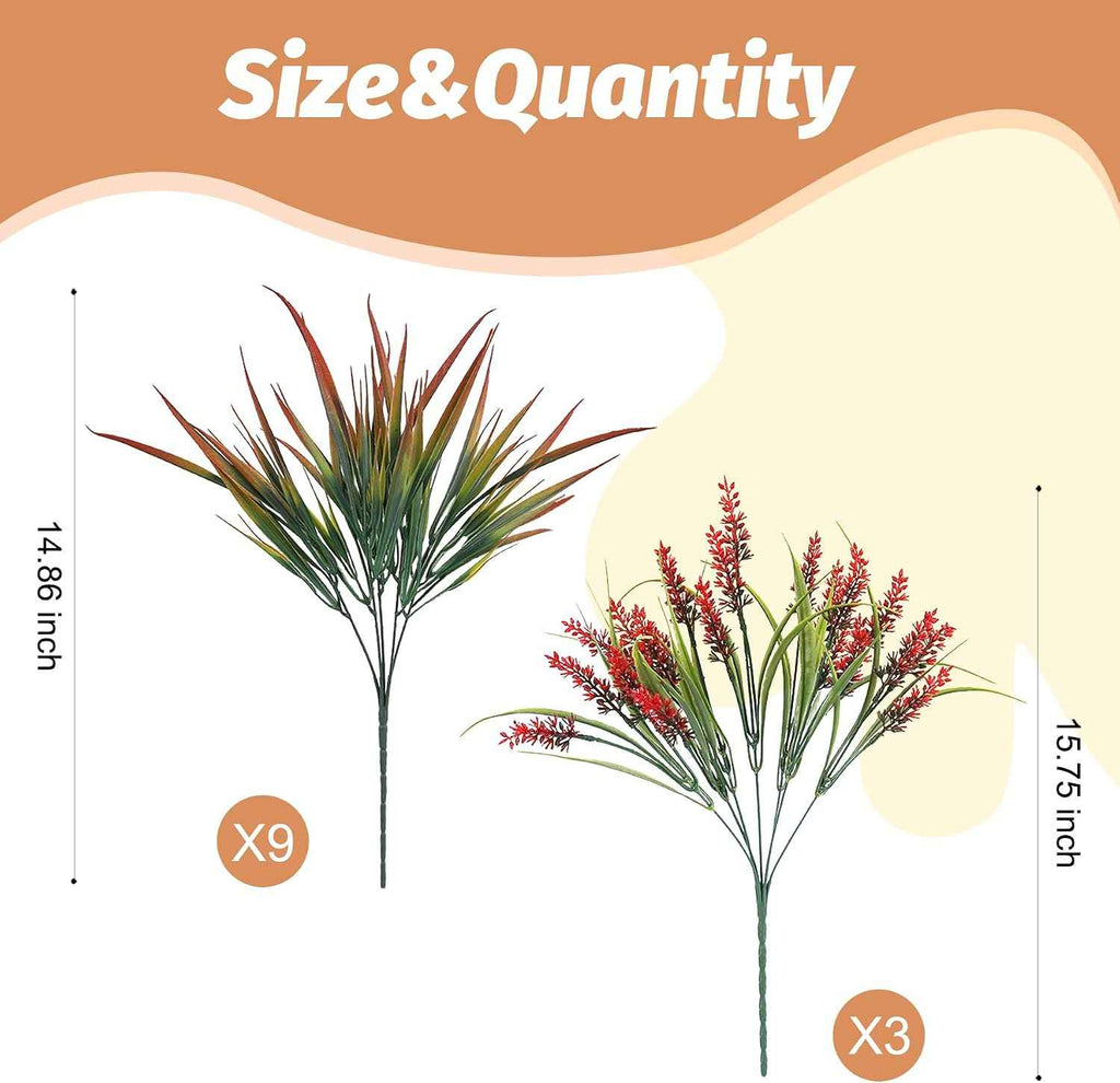 Fake Plants with Artificial Lavender Flower for Outdoor Porch Fall Decor | 12 Pcs UV Resistant Faux Greenery with Realistic Gradient Grass Waterproof for Patio Window Box Yard Outside Decoration