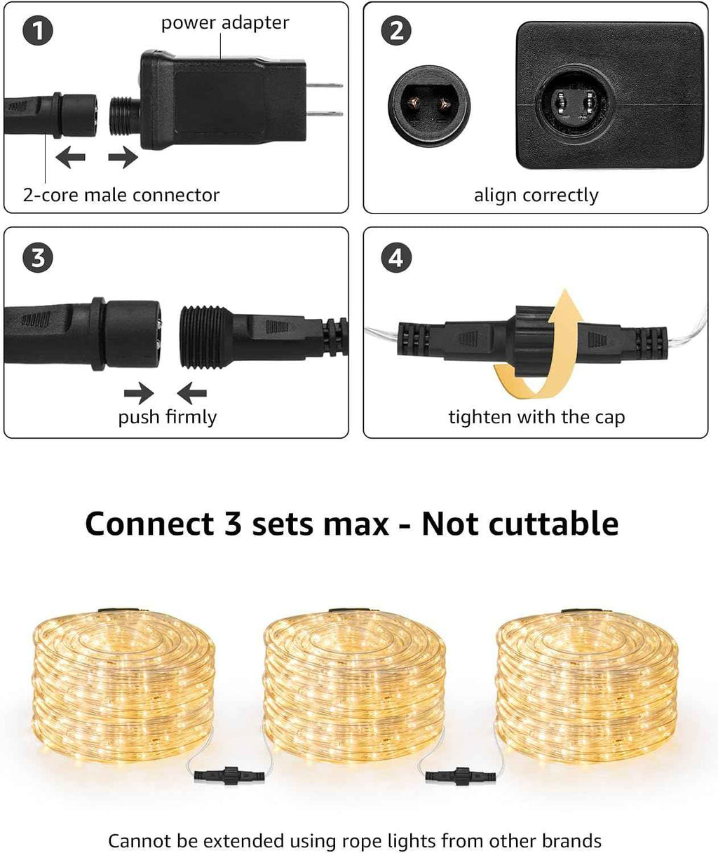 Lighting EVER 33ft 240 LED Rope Lights Outdoor Waterproof, 2700K Warm White | 24V Low Voltage, Linkable Connect up to 3 Sets, Classic 3/8" Clear Tube, Plug in Outside Lights for patio deck, Not Cuttable