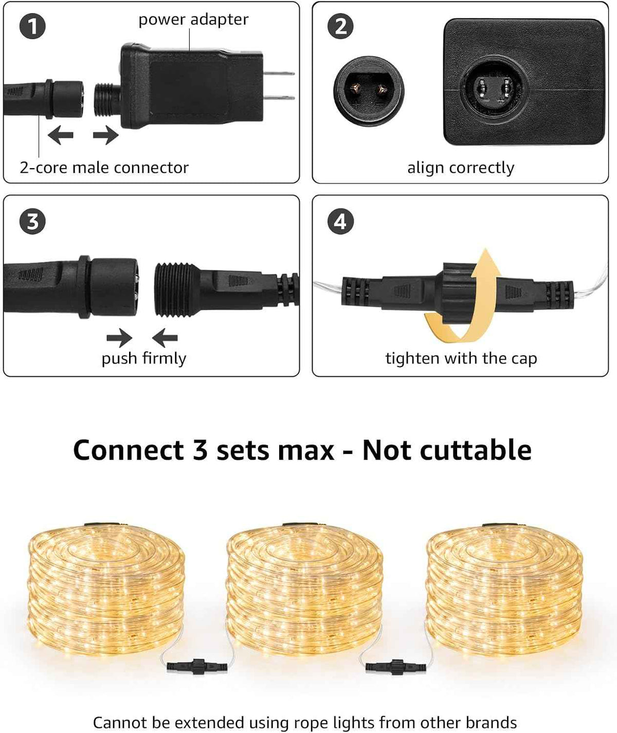 Lighting EVER 33ft 240 LED Rope Lights Outdoor Waterproof, 2700K Warm White | 24V Low Voltage, Linkable Connect up to 3 Sets, Classic 3/8" Clear Tube, Plug in Outside Lights for patio deck, Not Cuttable