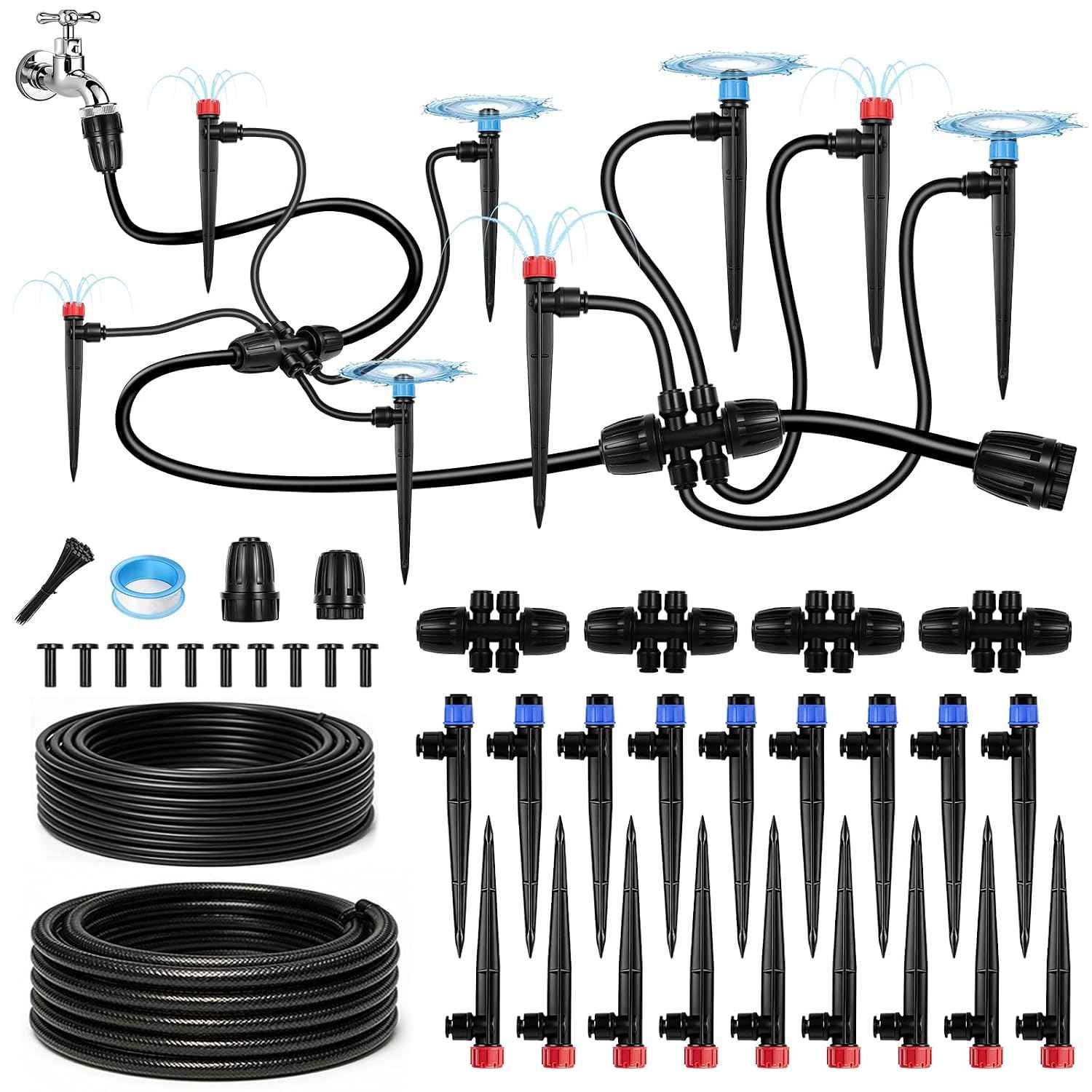 Drip Irrigation System, 106FT Quick Connect Garden Watering | Automatic watering with leak-free push-fit connectors, adjustable drip emitters for gardens, raised beds, greenhouses & lawns