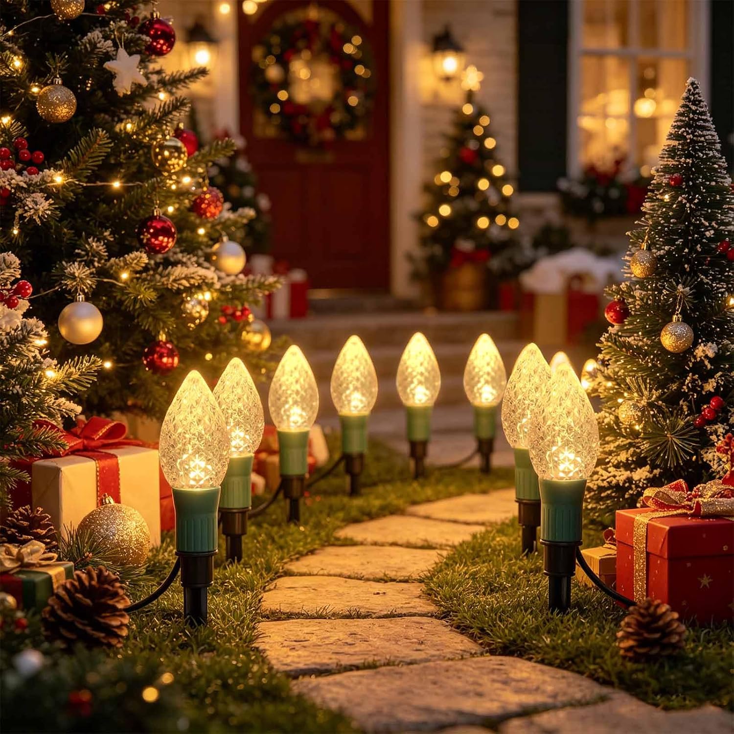Upgraded 2 in 1 20-Pack Solar Christmas C9 Strawberry Lights Outdoor Christmas Decorations, 8 Modes Waterproof Solar Xmas Lights for Outsdie Garden Yard Front Porch Pathway Cemetery Decor