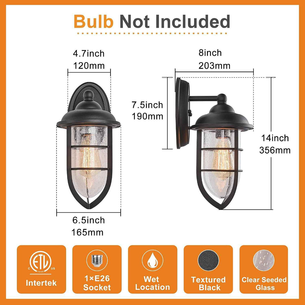 Outdoor Wall Sconce, Black Textured Finish with Clear Seeded Glass Shade, IP65 Waterproof, Indoor/Outdoor Wall Light for Porch, Garage, Entryway, Patio, Garden - E26 Bulb Not Included