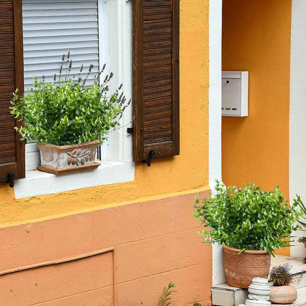 12 Bundles Artificial Eucalyptus Plant Fake Boxwood Shrubs UV Resistant No Fade Faux Greenery for Home Garden Hanging Planter Indoor Porch Patio Office Wedding Decoration(Green)