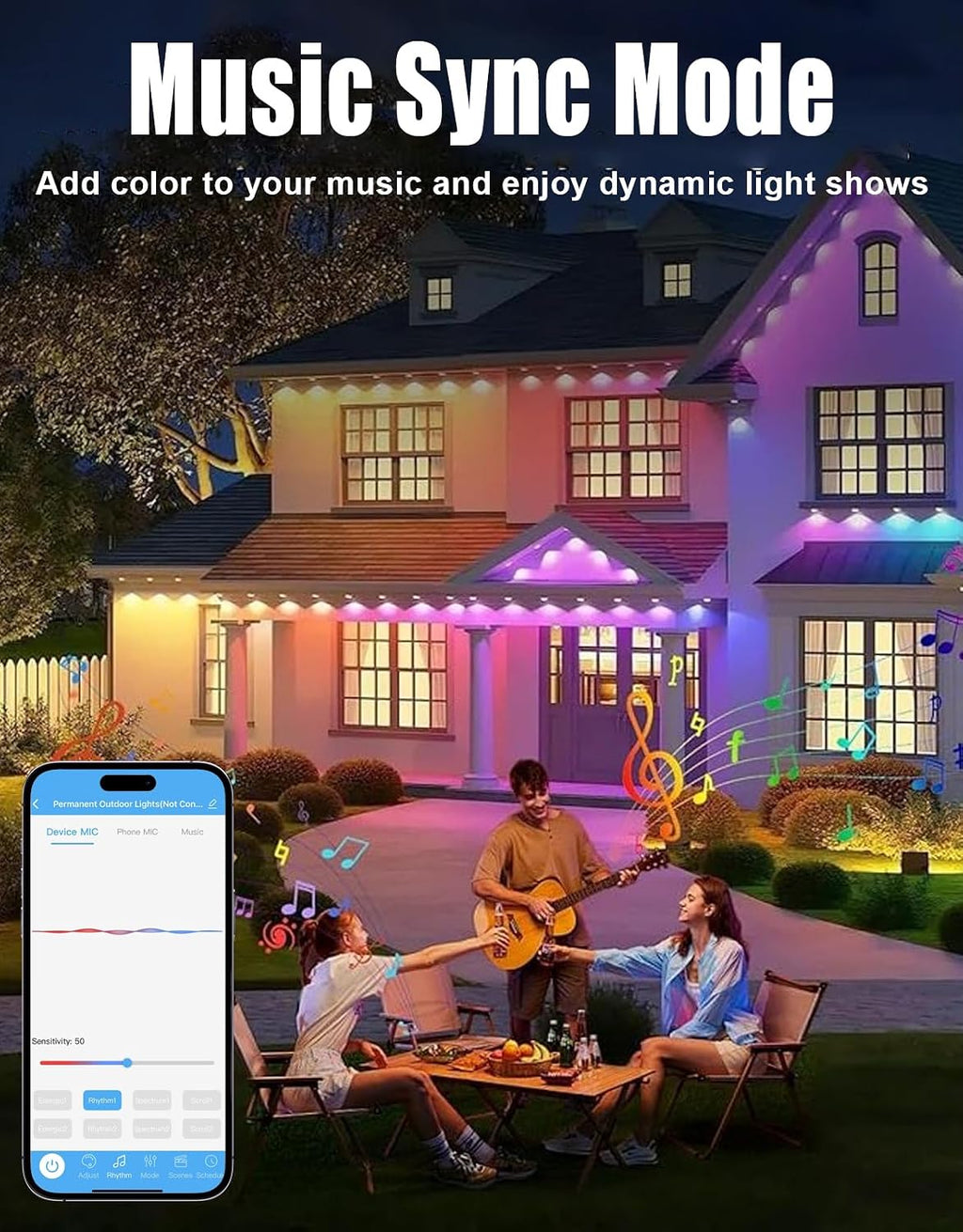 100ft Permanent Outdoor Lights for House, Smart RGB+IC Seasonal Decor | IP67 waterproof, app & remote control, 75 scene modes, 16M RGB+IC colors, warm & cool white, music sync, timer, holiday decor