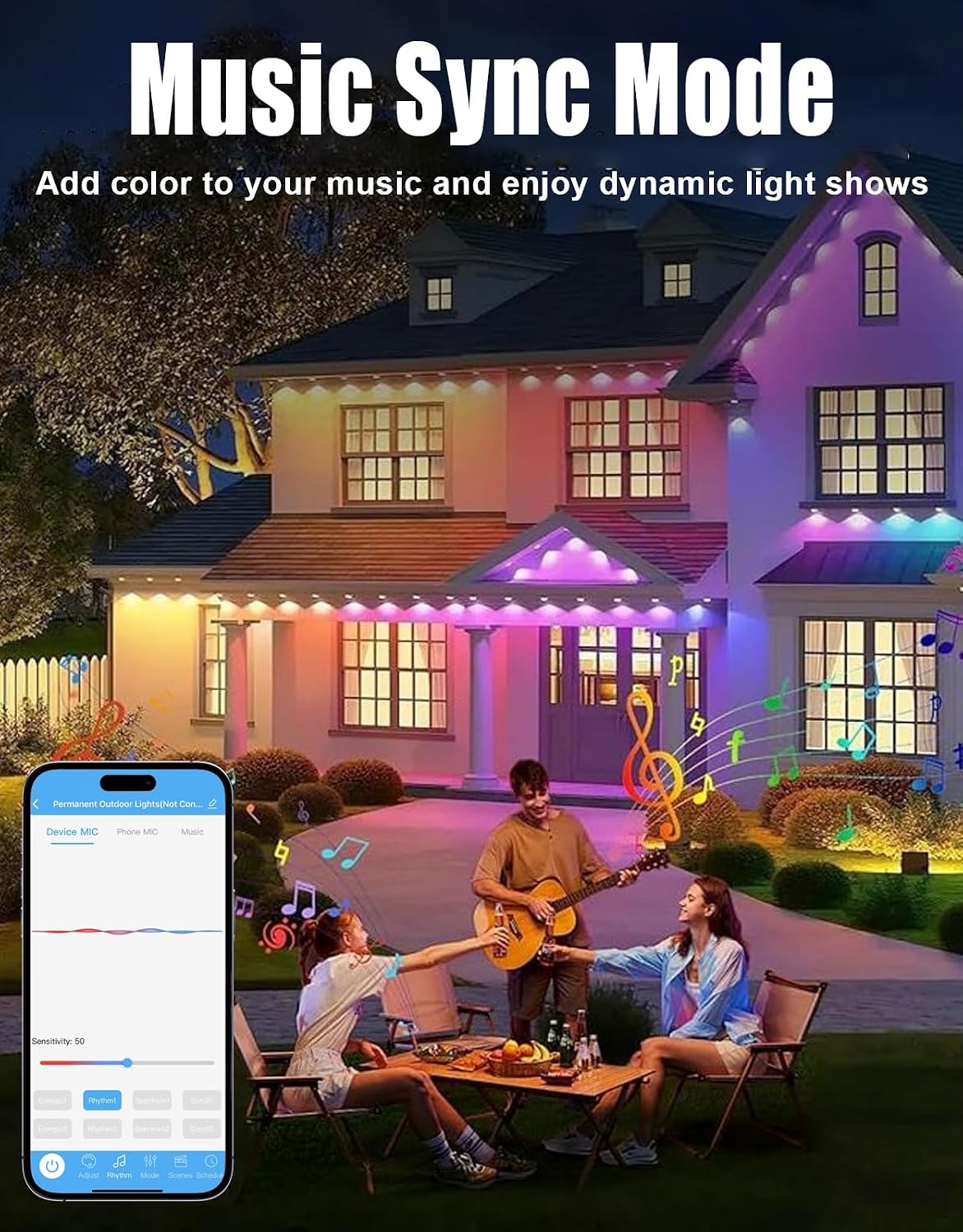 100ft Permanent Outdoor Lights for House, Smart RGB+IC Seasonal Decor | IP67 waterproof, app & remote control, 75 scene modes, 16M RGB+IC colors, warm & cool white, music sync, timer, holiday decor