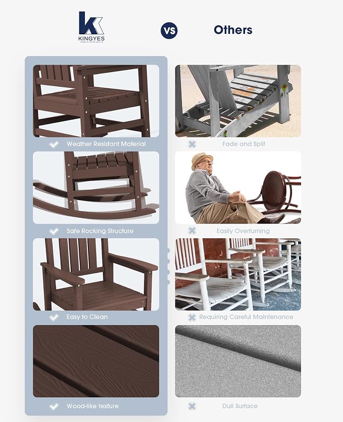 KINGYES HDPE Outdoor Rocking Chair Set of 4, All-Weather Poly Patio Rocking - Image 5