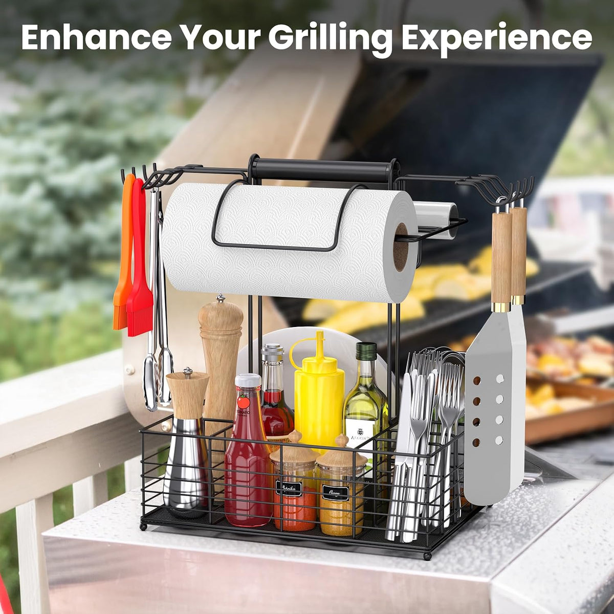 Grill Caddy for Outdoor Grill with 2 Paper Towel Holders,Barbecue Tool Sets Storage Organizer,BBQ Caddy for Outdoor Grill with 9 Compartments & 8 Hooks,Picnic Caddy Grilling Gifts for Men