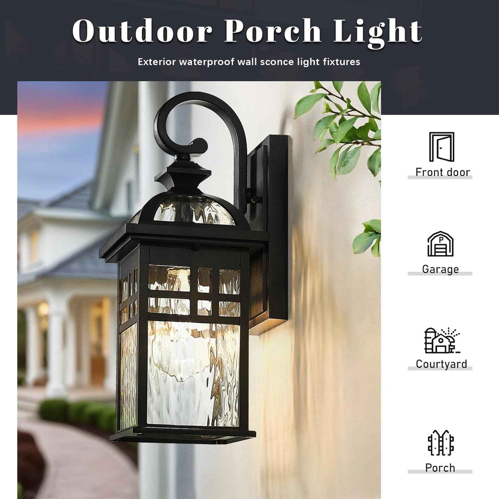 Porch Lights Outdoor Lighting Exterior Lighting Fixture | 15 Inch Height Black Outdoor Wall Lights Water Ripple Glass, E26 Socket