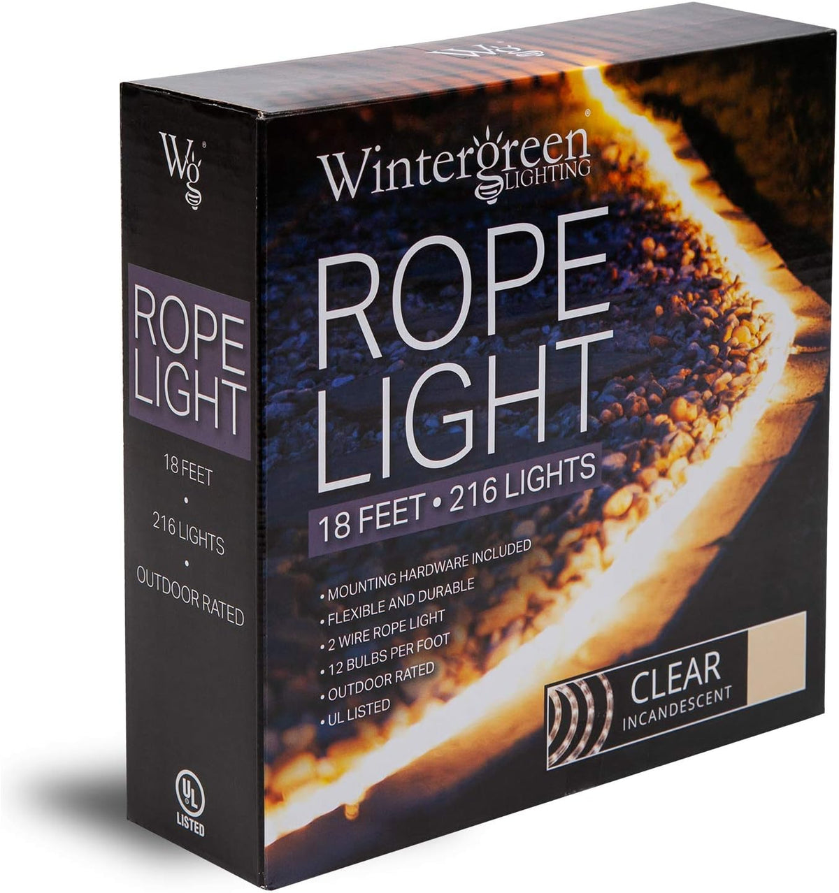 Wintergreen Lighting 18ft 216-Bulb Heavy Duty Incandescent Rope Light Kit, Connectable 120V ETL Indoor Rope Lights Plugin Outdoor Tube Lights for Garden, Patio, Party, Christmas, Clear