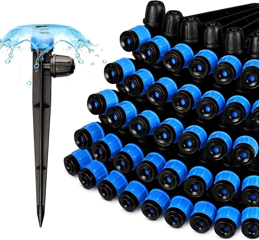 Gardrip 55 Pieces Drip Emitters Fan Shape with Stake for 1/4" Irrigation Tubing: Adjustable 360 Degree Water Flow Irrigation Universal Vortex Sprayer On 5" Stake Drip Pipe Sprinklers Fittings
