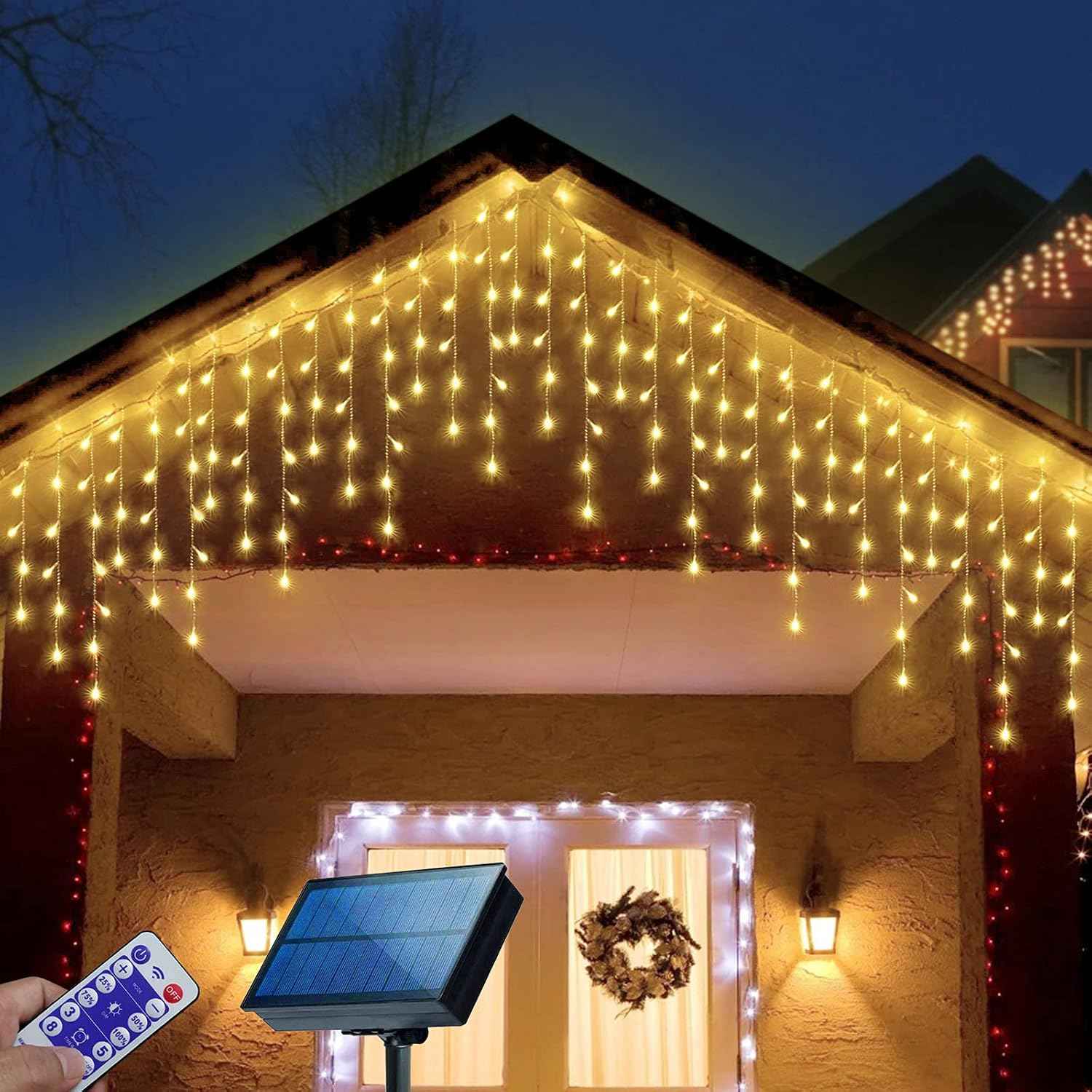 304 LED Solar Christmas Icicle Lights Outdoor Decorations, 8 Modes Waterproof Icicle Fairy Lights for Outside Holiday, Patio, Balcony, Christmas, Window, House Eaves Decorations, Warm White
