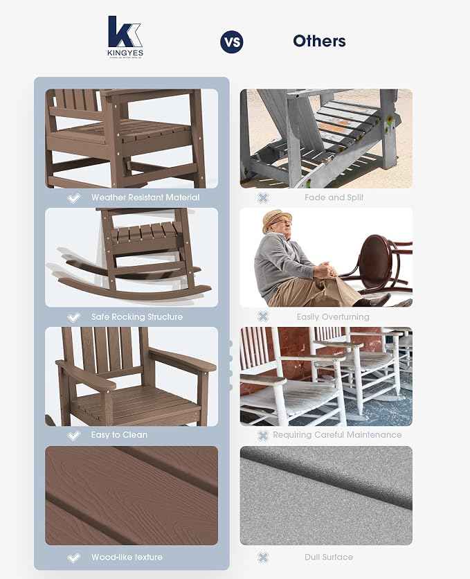 KINGYES Outdoor Rocking Chair Set of 2, High Density Polyethylene Patio Rocking