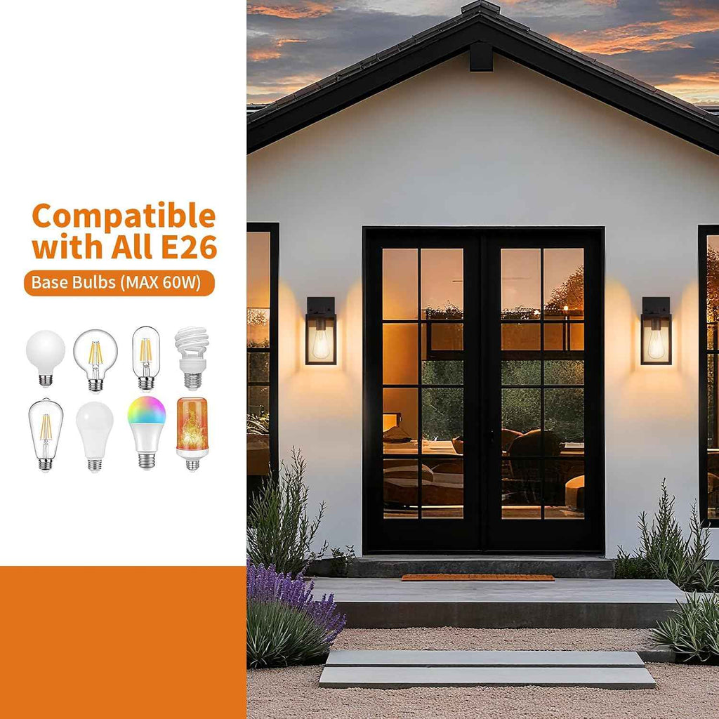 Outdoor Light Fixtures Wall Mount, Waterproof Front Porch Lights, Modern Exterior Lighting Fixtures with E26 Socket, Black Wall Sconces Lantern Lamp, Outside Lights for House, Garage, Patio (2 Pack）