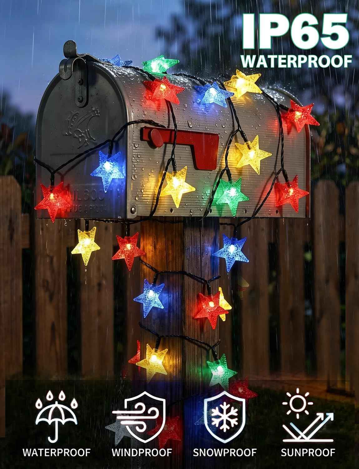 Star String Lights 23FT 50LED Colorful Star Fairy Lights Waterproof Solar Powered Twinkle Light with 8 Modes Outdoor Decorative Lights for Garden Patio Christmas Festival Party Decor