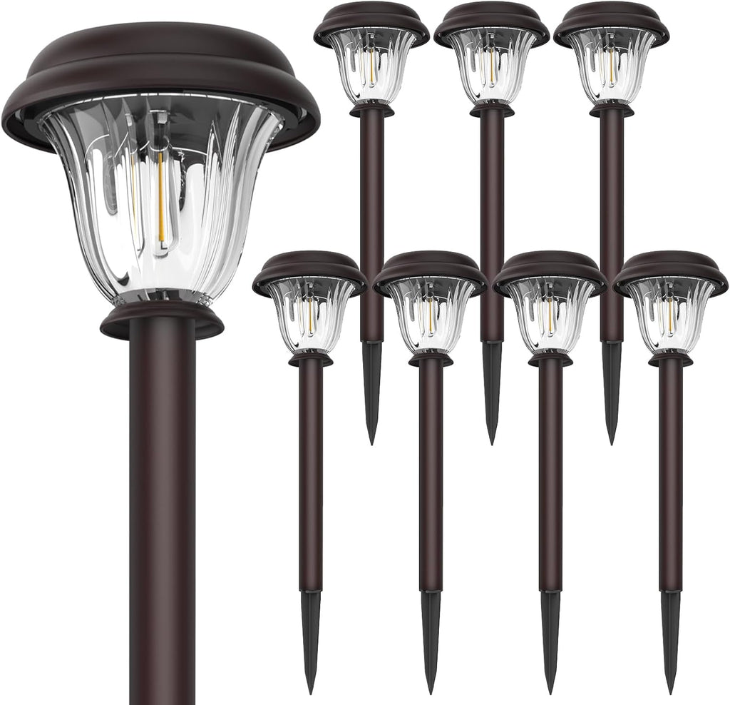 DERAYSION 8 Pack Solar Lights Outdoor, Stainless Steel Glass Solar Pathway Lights, Auto On/Off Long-Lasting Waterproof Garden Lights for Landscape, Path, Yard, Driveway, Walkway Decor (Warm White)