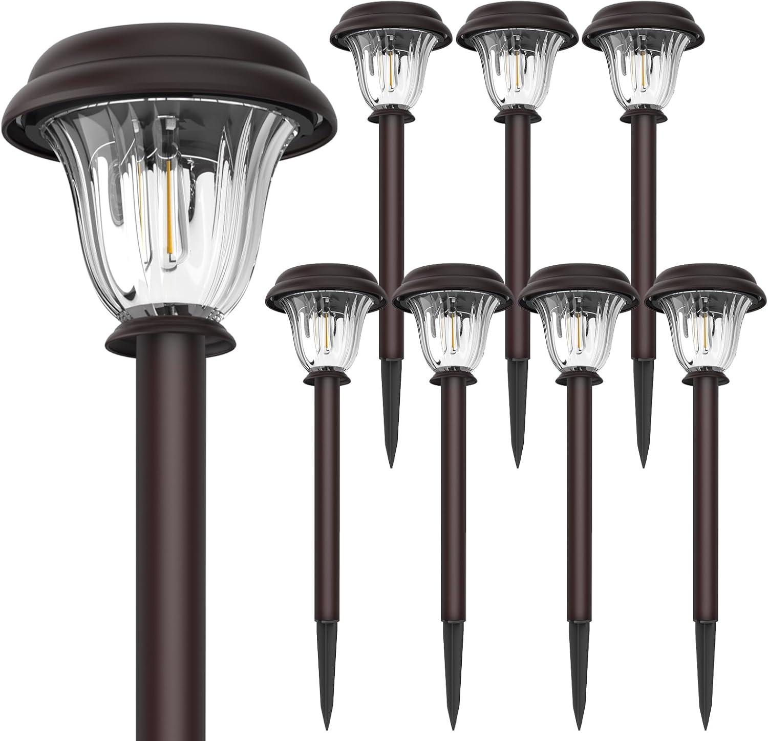 DERAYSION 8 Pack Solar Lights Outdoor, Stainless Steel Glass Solar Pathway Lights, Auto On/Off Long-Lasting Waterproof Garden Lights for Landscape, Path, Yard, Driveway, Walkway Decor (Warm White)