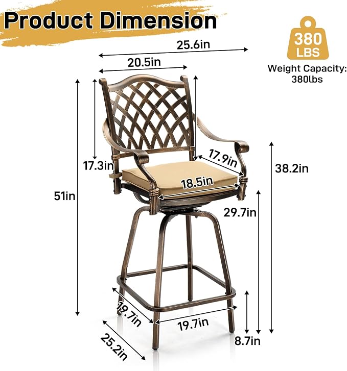 VINGLI Outdoor Swivel Bar Stools Set of 2, Cast Aluminum Patio Bar Height Chair - Image 3