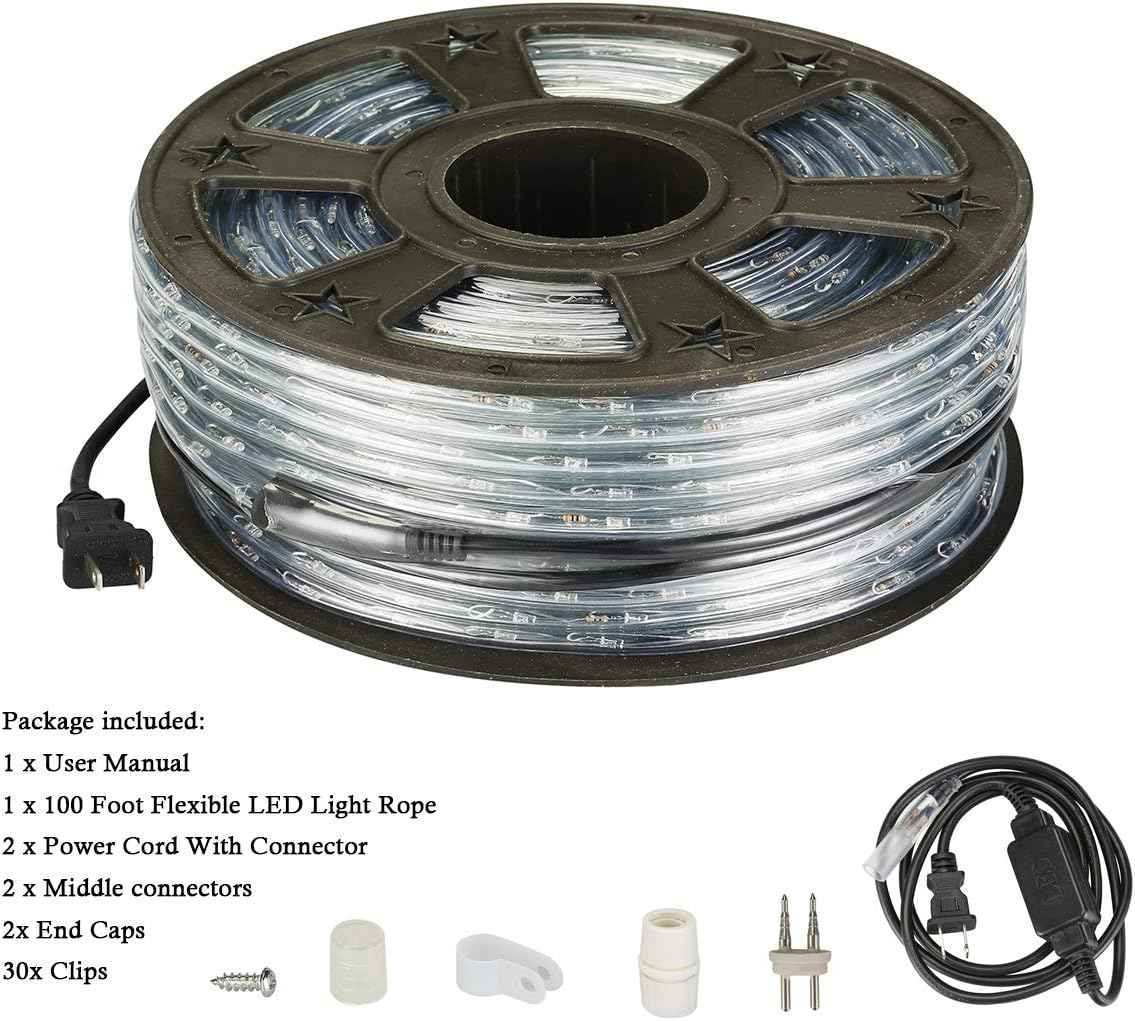 LED Rope Lights, 100ft 110V Waterproof Rope Lights for Outside, Outdoor String Lights, Ideal for Eaves, Backyards Garden, Christmas Decoration(Warm)