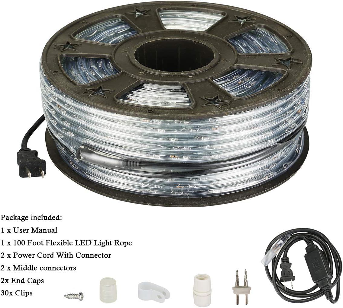 100Ft Warm White LED Rope Lights, 110v Waterproof Indoor/Outdoor String Lights, Cuttable, 1080 LEDs Rope Lights for Outside, Garden, Patio, Deck, Halloween and Christmas Decorations