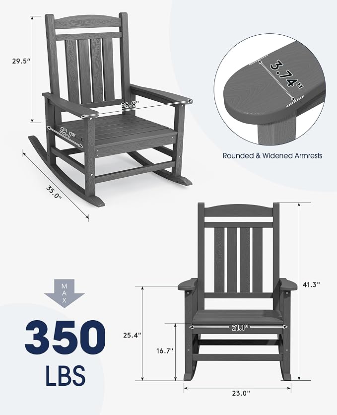 KINGYES HDPE Outdoor Rocking Chair, Widened Seat Patio Rocking Chair, Oversized - Image 3