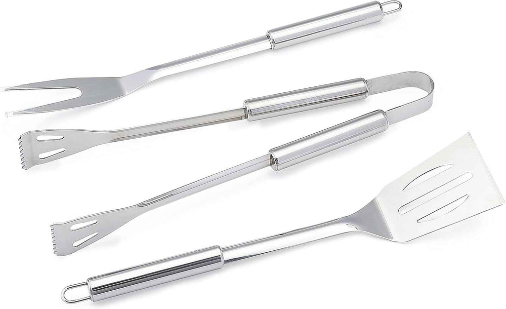 Amazon Basics 4-Piece Stainless Steel BBQ Grilling Tool Set with Carry Bag, Rust-Resistant, Dishwasher Safe