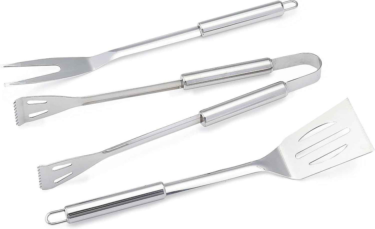 Amazon Basics 4-Piece Stainless Steel BBQ Grilling Tool Set with Carry Bag, Rust-Resistant, Dishwasher Safe