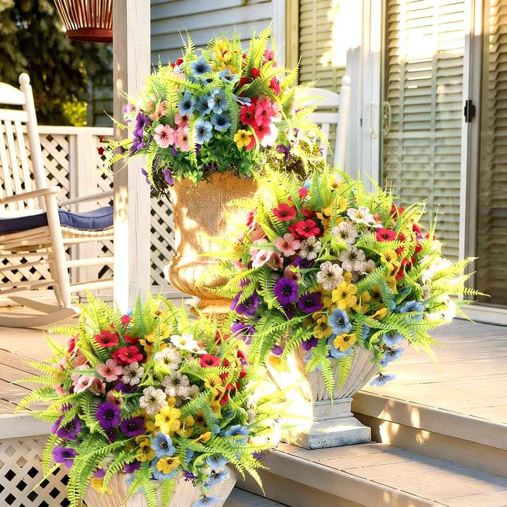 ZEOSTARO Artificial Outdoor Plants 12 Bundles Fake Boston Fern with Eucalyptus Flowers Faux UV Resistant Greenery Garden Window Box Porch Farmhouse Hanging Decor(Mix Flowers&Fern)